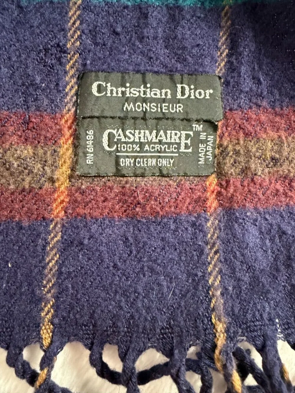 Christian Dior Monsieur Scarf Plaid Navy Teal Burgundy Acrylic 52x11 Fringe Trim